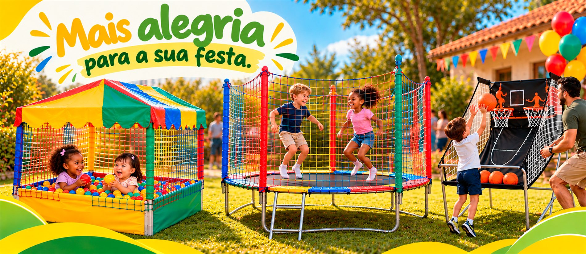 Crianças brincando na cama elástica, na piscina de bolinhas e no basquete em uma festa